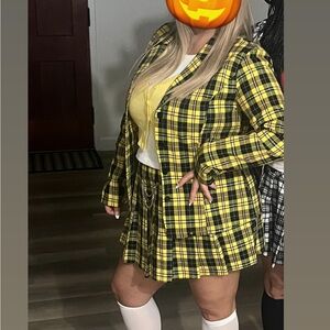 Vibrant Yellow Plaid Women's Blazer & Skirt Set #Halloween